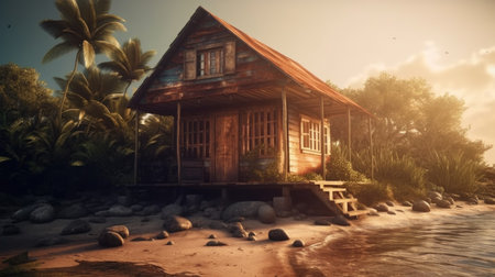 Old wooden house on the beach at sunset. Thailand. vintage style. Eco tourismの素材