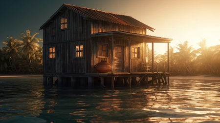 wooden house on a tropical island in the ocean. 3d render Eco tourismの素材