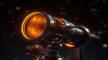 Telescope on a dark background. 3d illustration. lens flare.の素材