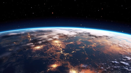 Planet Earth from space showing realistic earth surface and city lights. 3D illustration.の素材