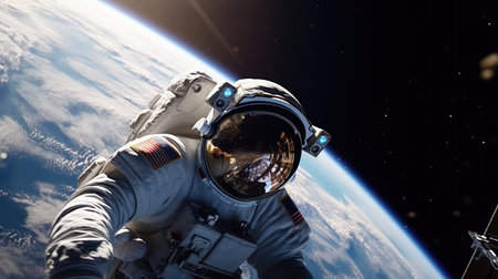 Astronaut spaceman do spacewalk while working for space station in outer space. Astronaut wear full spacesuit for space operation.の素材