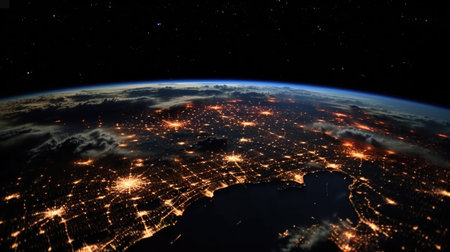 Night view of the planet Earth from space with visible city lights. USAの素材