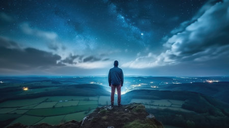 Man standing on the top of a mountain and looking at the night sky.の素材