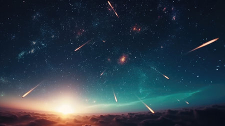 Beautiful space background with stars and nebula. 3d rendering meteor rain.の素材