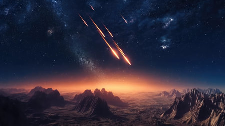 Beautiful space background with stars and nebula. 3d rendering meteor rain.の素材