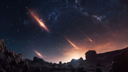 Milky way galaxy with stars and space dust. 3d rendering. meteor rain.の素材