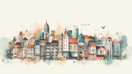 Watercolor illustration of a cityscape with colorful houses and birds. Summer travel illustration.の素材