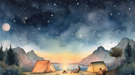 Watercolor painting of a campfire in the mountains at night. Summer travel illustration.の素材