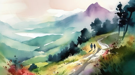 Watercolor painting of two people walking along the road in the mountainsの素材