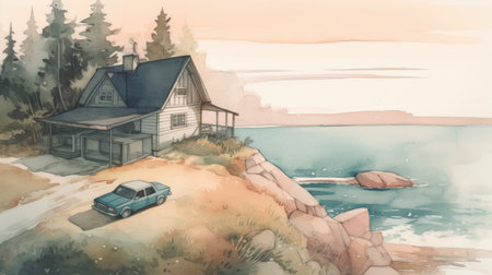 Watercolor illustration of a house on the shore of the lake. Summer travel illustration.の素材
