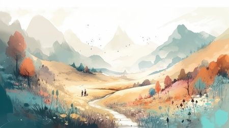 Mountain landscape with autumn forest. digital watercolor painting illustration. Summer travel illustration.の素材