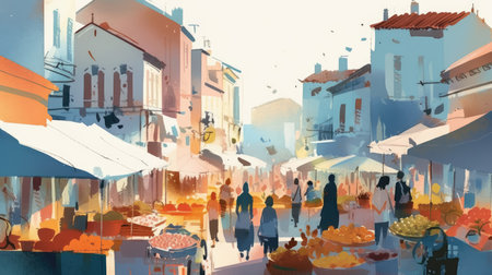 Digital painting of people walking in a street in Istanbul, Turkey. Summer travel illustration.の素材