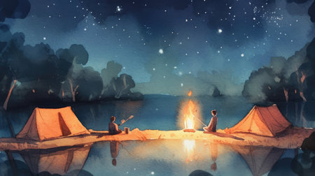 Illustration of a campfire in the night with a man and a woman.の素材