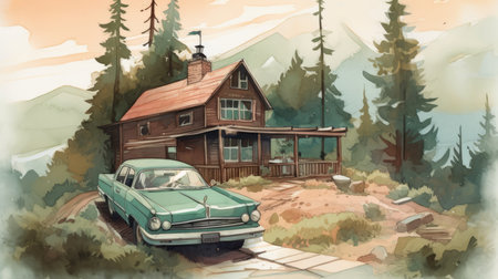 Digital painting of an old car on the road in the mountains.の素材