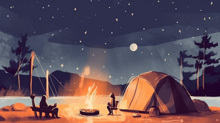 Camping in the desert. 3d illustration. vintage style. Summer travel illustration.の素材