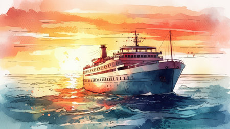 Illustration of a cruise ship in the sea at sunset. Watercolor paintingの素材