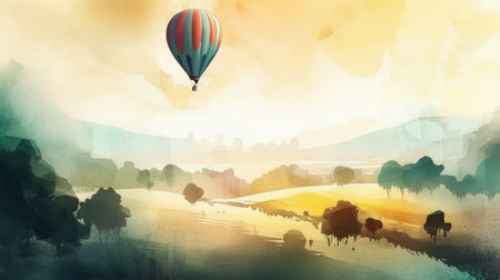 Landscape with hot air balloon in the sky. Digital painting. Summer, travel illustration.の素材