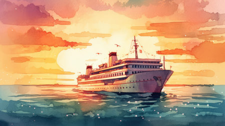 Illustration of a cruise ship sailing in the sea at sunset.の素材