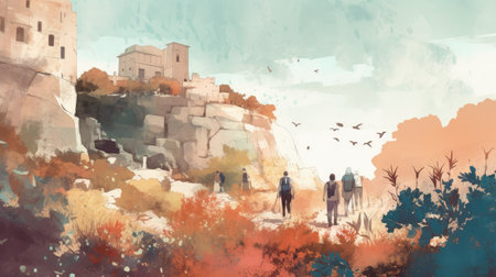 Digital painting of a group of people walking on a hillside. Summer, travel illustration.の素材