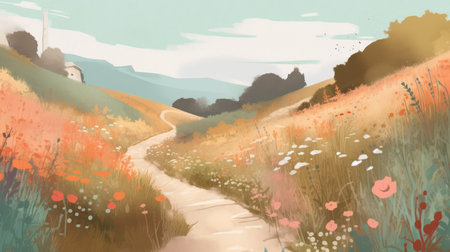 Digital painting of a rural road through meadow with wildflowersの素材
