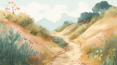 Digital painting of a path in the desert with flowers and grass. Summer, travel illustration.の素材