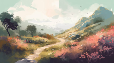 Digital painting of a path in the mountains with flowers in the foregroundの素材