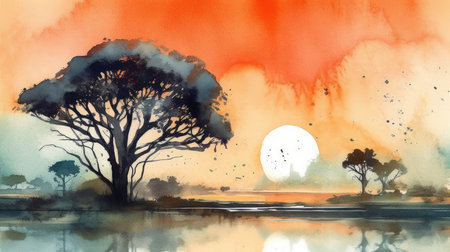 African landscape with big tree and lake. Hand drawn watercolor illustrationの素材