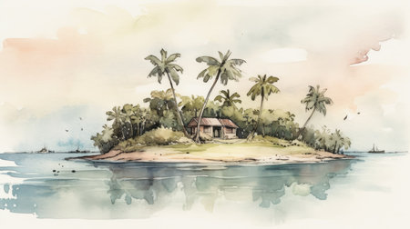 Tropical island with palm trees and house on watercolor paintingの素材