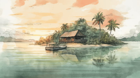 Watercolor painting of a small village on the bank of the lagoon. Summer, travel illustration.の素材