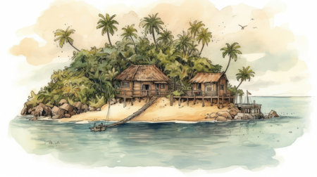 Illustration of a tropical island with palm trees and bungalowsの素材
