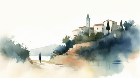 Digital watercolor painting of a man walking on the shore of a lakeの素材