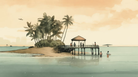 Tropical island with palm trees and wooden pier. digital painting. summer travel illustrationの素材