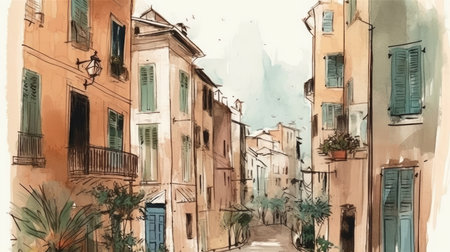 Watercolor drawing of a street in Rovinj, Croatiaの素材