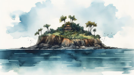 Illustration of a tropical island with palm trees and a house on the islandの素材