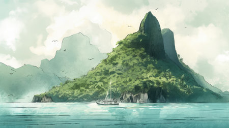 Tropical island with a boat in the ocean. digital painting. summer travel illustrationの素材