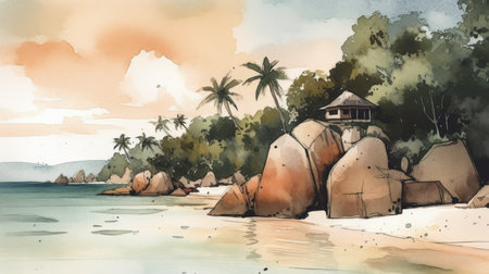 Digital watercolor painting of a tropical beach in Seychelles. summer travel illustrationの素材