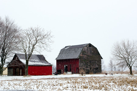 these tired old barns still stand in a cold mcihgian winterの写真素材