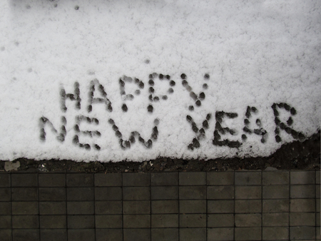 Snow close-up. The inscription on the snow Happy new yearの写真素材