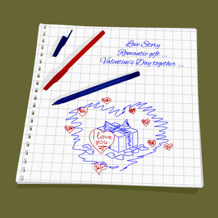 Love Story - gift for a loved one. Vector illustration box with gift and love note. Cute Romantic simple drawing a red and blue ballpoint pen on squared paper - box with a bow and a sticker in the form of heart with the words I love youのイラスト素材