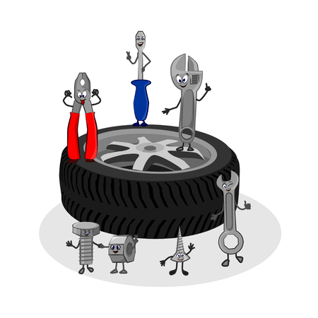 Vector cartoon funny illustration of auto service. Cute characters of tools.のイラスト素材