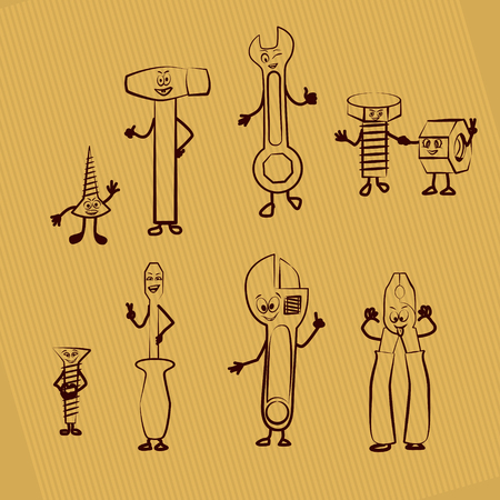 Set of vector outlines of tools for Locksmith on a gold background. Funny Cartoon Self-tapping screw, Confirmat, hammer, screwdriver, pliers, bolt, nut and adjustable wrench and spanner with Eyes, handles and legsのイラスト素材