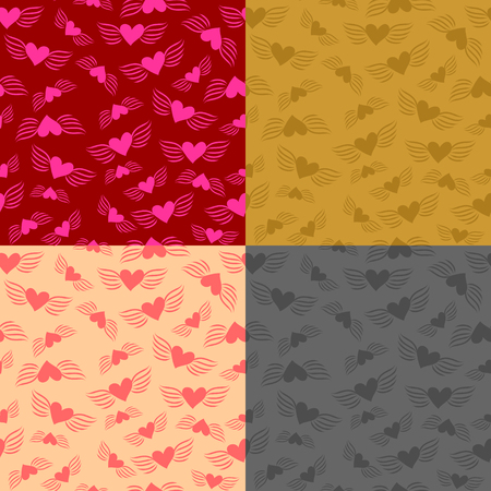 Set of four borderless colored patterns of flying hearts, Winged simple flat abstract hearts - a conceptual design for textiles or a greeting card for Valentine's Day.のイラスト素材