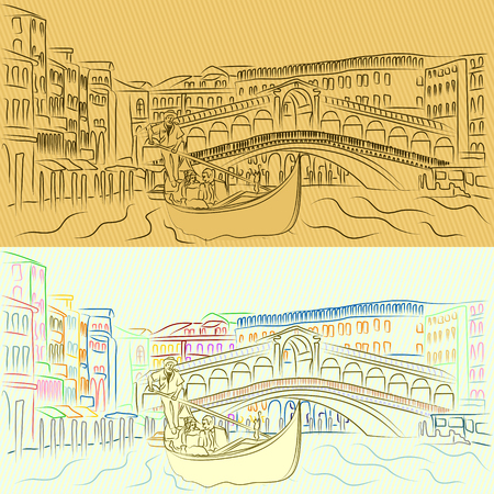 a Vector gondola with lovers on the Grand Canal on the background of the Rialto Bridge.のイラスト素材