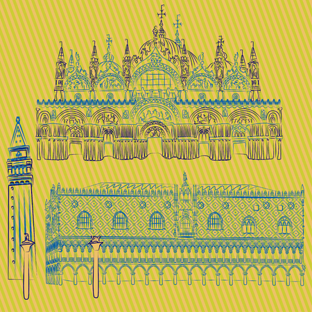 a Vector sketches of the Doges Mark's Basilica, Saint Mark Campanile and the Columns of San Marco and San Teodoro.のイラスト素材