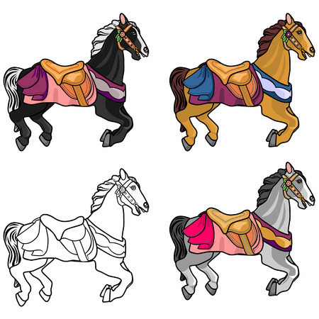 Set of four cute multi-colored horses on a white background. Full-color detailed isolated on white background a horse in harness and also a contour sketch for coloringのイラスト素材