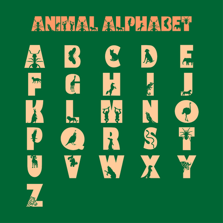 Decorative straight font with animals on a dark green background. Simple vector Latin letters with beads inside - full set from A to Zのイラスト素材