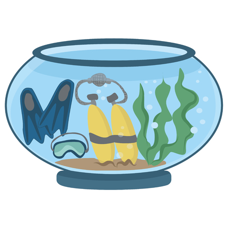 Aqualung and flippers on the bottom of the aquarium - vector clipart. Concept of safe diving - cartoon isolated illustration on white backgroundのイラスト素材