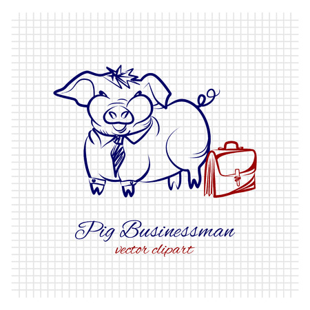 Contour sketch of a cute funny pig businessman in an office suit with a suitcase on a sheet of squared paper. A very fat hog with a tie and briefcase is a concept of obesity problems among people with a sedentary lifestyleのイラスト素材