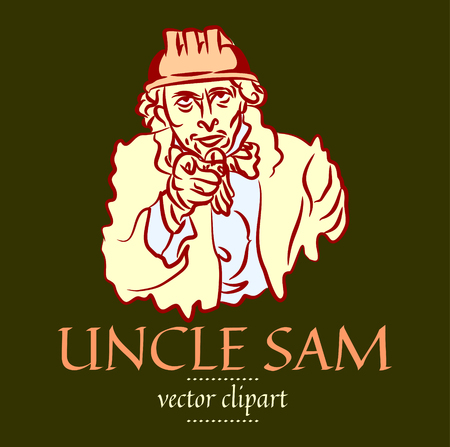 Simple flat contour vector portrait of Uncle Sam in a construction helmet. Caricature of the USA symbolのイラスト素材