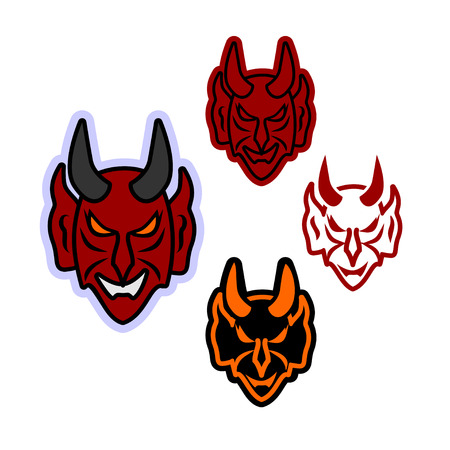 Simple vector icon for the face of the devil. Flat clipart of a terrible horned head with an evil smile can be used as an element of design, for embroidery or engravingのイラスト素材
